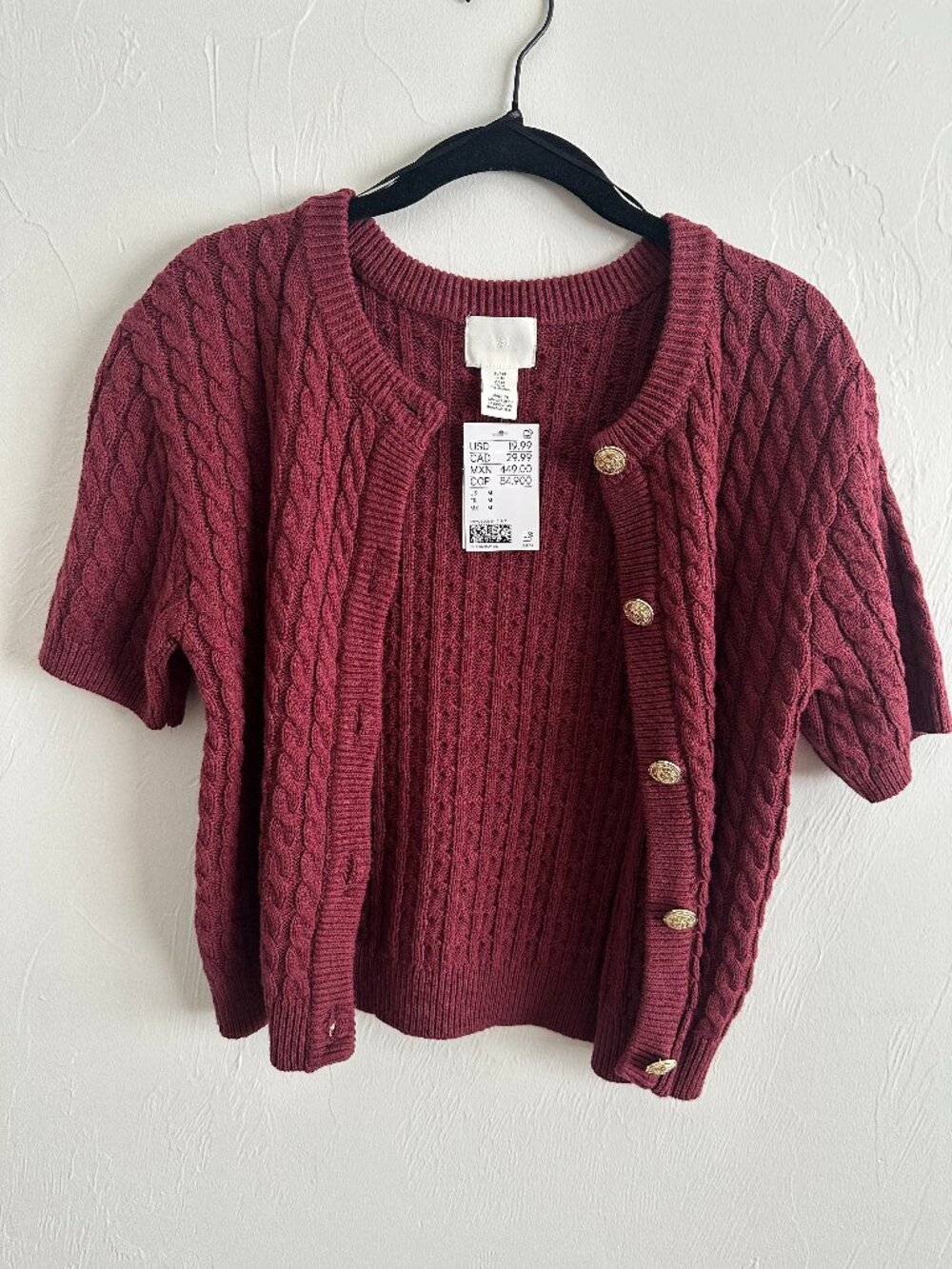 NWT H&M Short Sleeve Cable Knit Cardigan Burgundy Size M